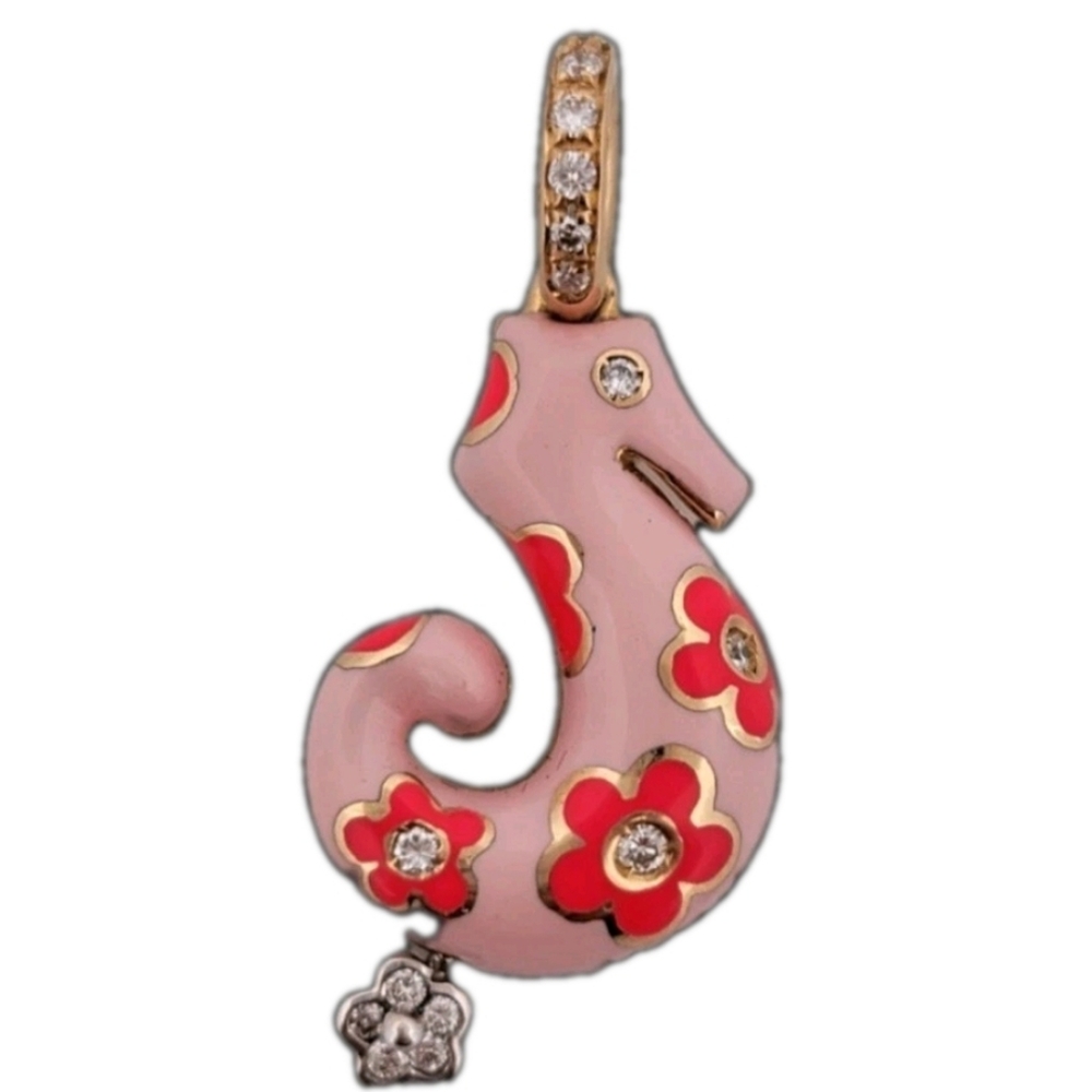 AARON BASHA 18K Solid Gold Diamond W Pink Enamel Rare Seahorse Charm